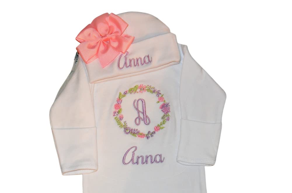 Personalized Baby Girl Outfit, Newborn Gown and Hat Monogrammed, Purple Pink Flower Set