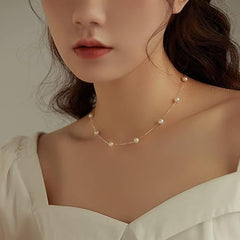 Trinckle Gold Pearl Necklace, Dainty Gold Necklaces Pearl Choker Necklace Pearl Necklaces for Women Gold Jewelry for Bride 15'' Adjustable gold Wedding Necklace as Girls Pearl Jewelry Birthday Gift
