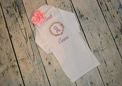 Personalized Baby Girl Outfit, Newborn Gown and Hat Monogrammed, Purple Pink Flower Set