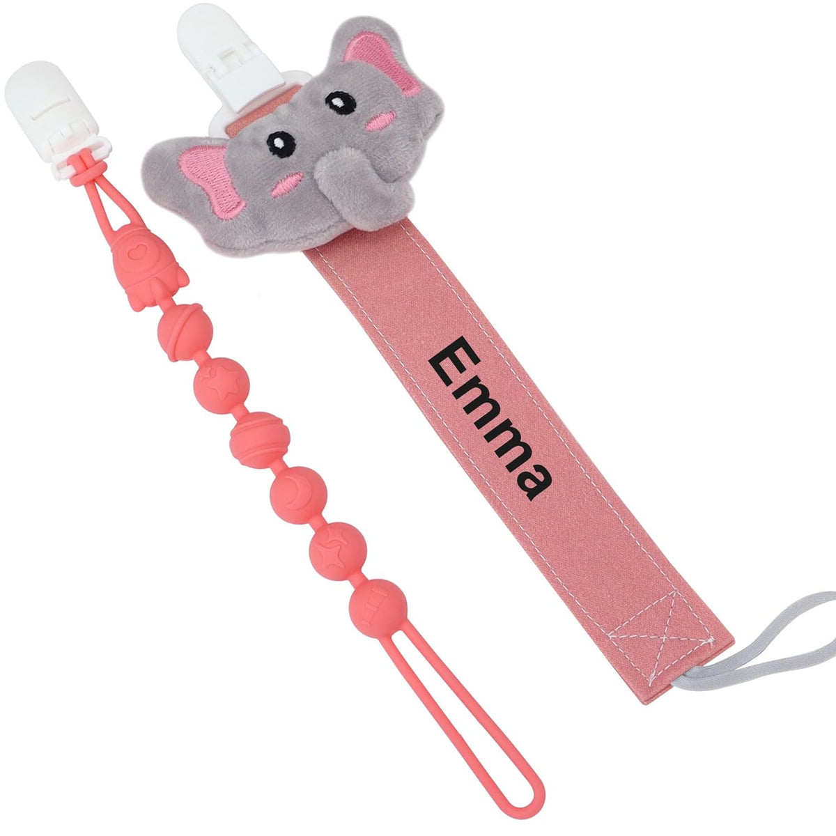 Munchewy Personalized Pacifier Clip with Name, Customized Pacifier Clip with Stuffed Animal, Customized Bab Pacifier Holder Leash (Elephant Pink)
