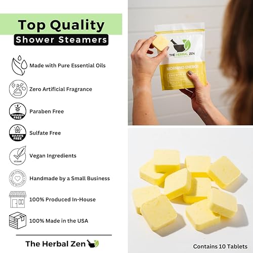 Morning Energy Shower Steamers with Peppermint and Lemon Essential Oils Handmade by The Herbal Zen (Pack of 10), Shower Bomb Aromatherapy, Relaxing Gifts, Spa Day Gifts, Self Care Gifts, Gifts for Mom