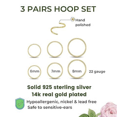 3 Pairs 14k Gold Plated Sterling Silver Small Hoop Earrings Set for Women Cartilage Nose Septum Helix Tragus Rings Multiple Piercing Jewelry, Hypoallergenic Thin Tiny Gold Hoops 6mm 7mm 8mm