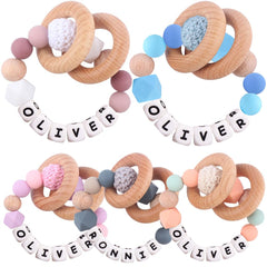 Personalized Baby Rattle Ring with Name,Custom Silicone Bracelet Rings Stroller for New Baby Newborn Shower Gift (Wooden Rings)