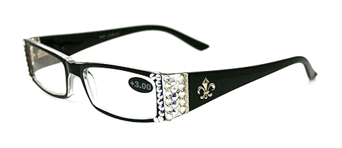 Die französische (Bling) Fleur De Lis Damen-Lesebrille, verziert mit (klaren + Aurora Borealis) österreichischen Kristallen, vergrößernd (schwarz), rechteckig. NY Fifth Avenue. (+2,50) 