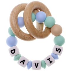 Munchewy Personalized Teether with Name, Customizable Handmade Teethers with Wooden Rings - LightBlue/MintGreen