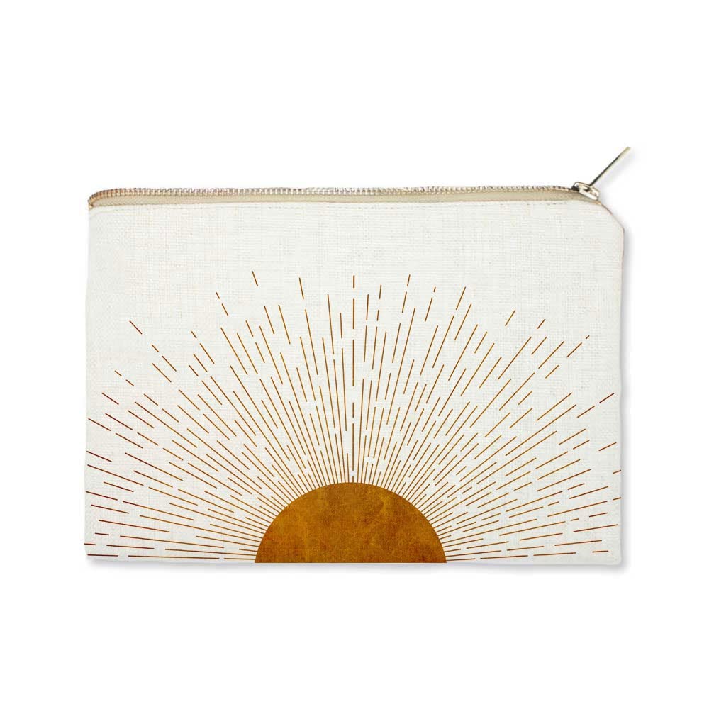 Sunshine Ray Makeup Bag Natural Linen Zipper Pouch Makeup Bag Tech Accessory Bag Mid Centry Boho Decor Travel Accessory Pouch