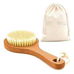 Vegan Premium Dry Brushing Body Brush with Traval Bag- Natural Plant derived Bristles & Wooden Handle- Preshower Body Exfoliation