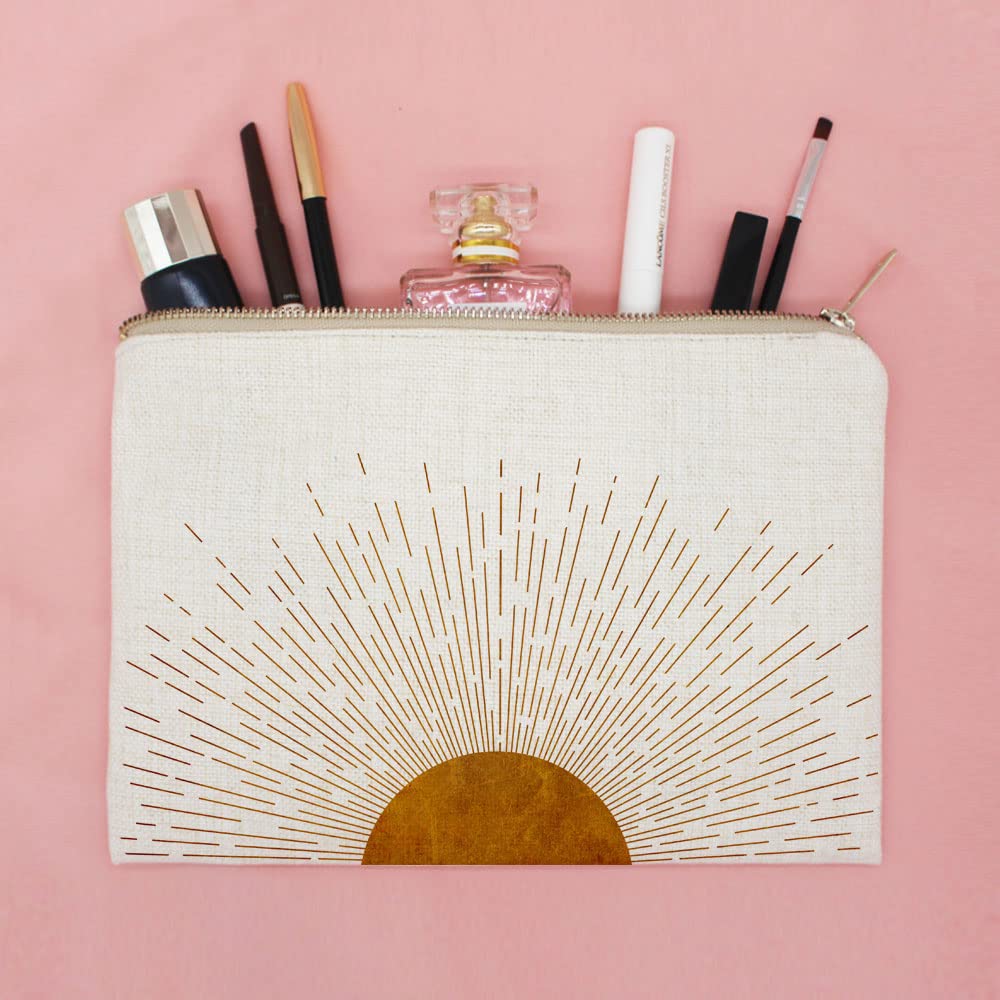 Sunshine Ray Makeup Bag Natural Linen Zipper Pouch Makeup Bag Tech Accessory Bag Mid Centry Boho Decor Travel Accessory Pouch