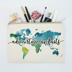 Travel Bag Adventure Awaits Makeup Case Cosmetic Bag Nature Linen World Map Makeup Bag Great Gift for Travel