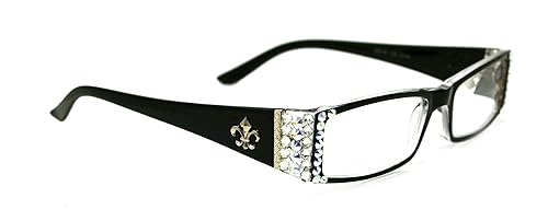 Gafas de lectura para mujer francesas (Bling) Fleur De Lis adornadas con cristales austriacos (transparentes + aurora boreal), lupa rectangular (negra). Quinta Avenida de Nueva York. (+2,50) 