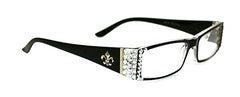 Die französische (Bling) Fleur De Lis Damen-Lesebrille, verziert mit (klaren + Aurora Borealis) österreichischen Kristallen, vergrößernd (schwarz), rechteckig. NY Fifth Avenue. (+2,50) 