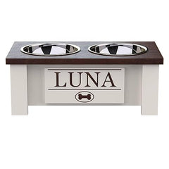 GrooveThis Woodshop - Personalized Elevated Dog Bowl Stand for Large, Medium, Small, X-Small Dogs - Stainless Steel Food and Water Bowls - Raised Dog Dish with Internal Storage (Small, Dark Walnut)