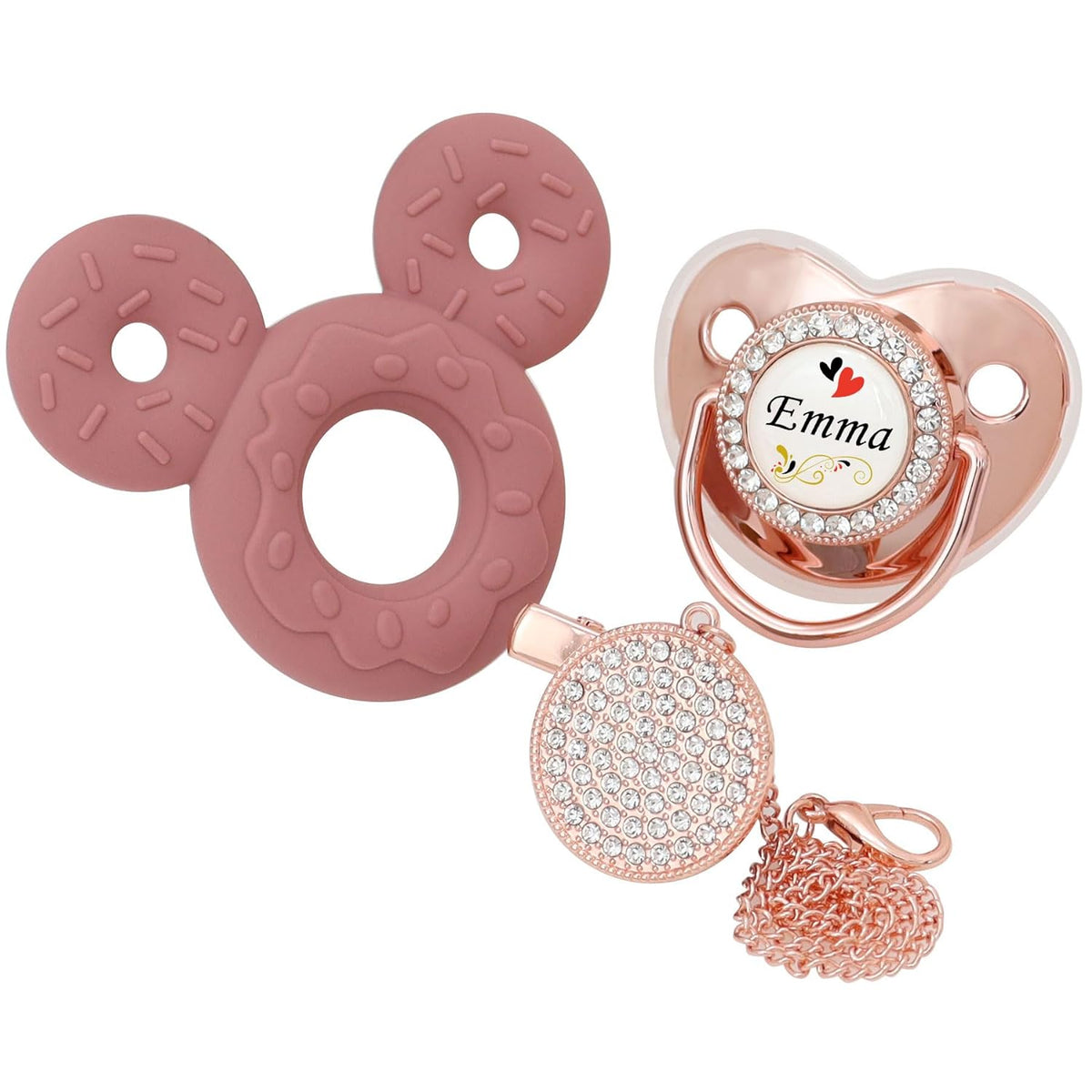 Personalisiertes Schnuller- und Schnullerclip-Set mit Namen, individueller Schnuller, individueller Name und Kette, Silikon-Beißringe, Spielzeug, luxuriöses ideales Geschenk für Neugeborene (Roségold) 