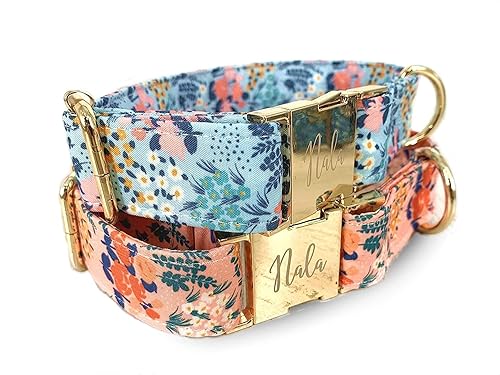 Personalized Handmade Dog Collars, Laser Engraved Metal Summer Wild Floral Wide Dog Collar, Quick Release Buckle, Spring, Whimsical