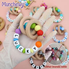 Munchewy Personalized Teether with Name, Customizable Handmade Teethers with Wooden Rings - LightBlue/MintGreen