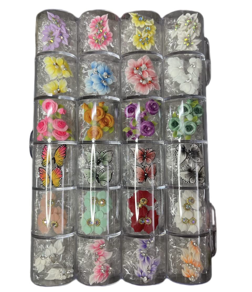 Komplettes 100-teiliges Nagelkunst-Dekor-Set – handgefertigte 3D-Acrylblumen und Schmetterlinge – vielfältige Kollektion in einer Box für schöne und kreative Nageldesigns (Set 100 Stück Box 5) 