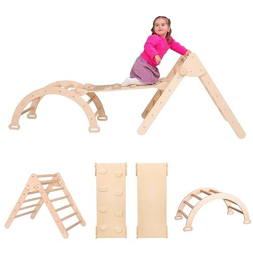 WoodandHearts Set mit drei Artikeln Holzspielzeug Kletterdreieck Montessori Holzspielzeug Dreieck mit Rampe Aktivitätshalle Kletterdreieck-Set (Standard) Besuchen Sie den Wood And Hearts Store 