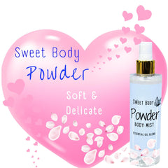 Sweet Body BABY POWDER Bruma corporal suave y fresca para mujeres, spray de niebla de perfume corporal con fragancia fina, fragancia de aroma ligero sensual, aceites esenciales Spritz para cabello y cuerpo, 6 oz. (Talco para bebé) Paquete de 1 