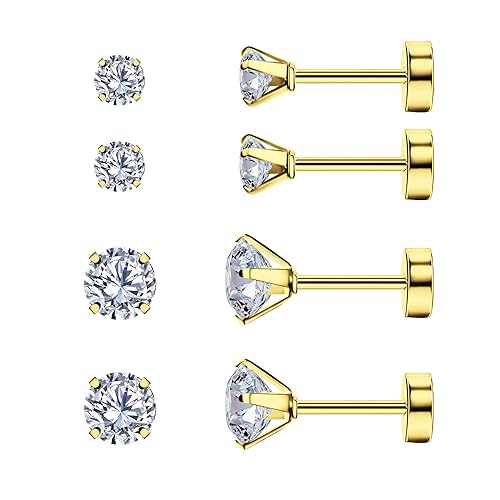 Smilebelle 2 pares de aretes de oro con parte posterior plana, aretes con rosca de 14 k, aretes de oro para cartílago, aretes de tragus hipoalergénicos para mujeres y niñas como aretes para la siesta o aretes para dormir (3 mm + 5 mm CZ) 