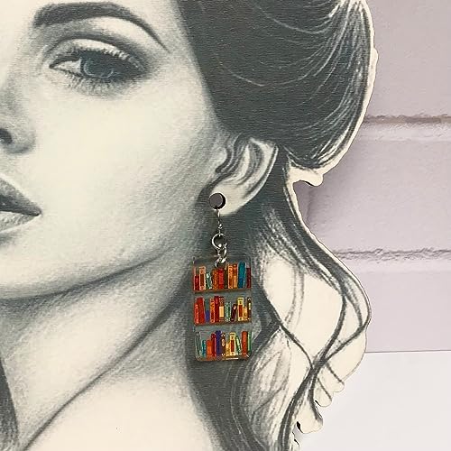 Pendientes colgantes de librería con estantes para libros, acrílico estampado 