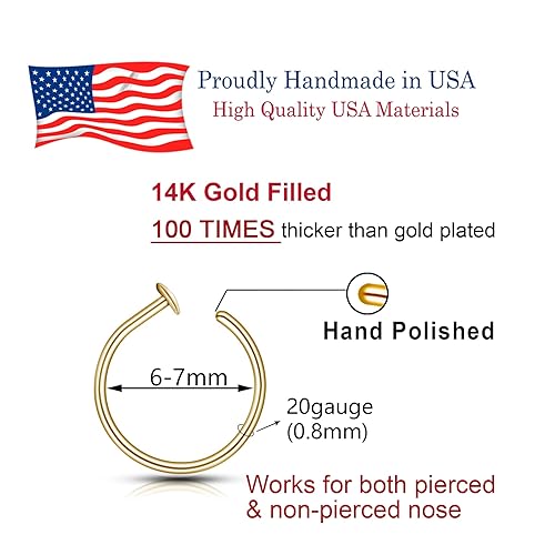 Aro de nariz pequeño y fino de 20G con relleno de oro de 14 quilates para mujer, joyería de perforación de fosa nasal ajustable de 6 mm a 7 mm 