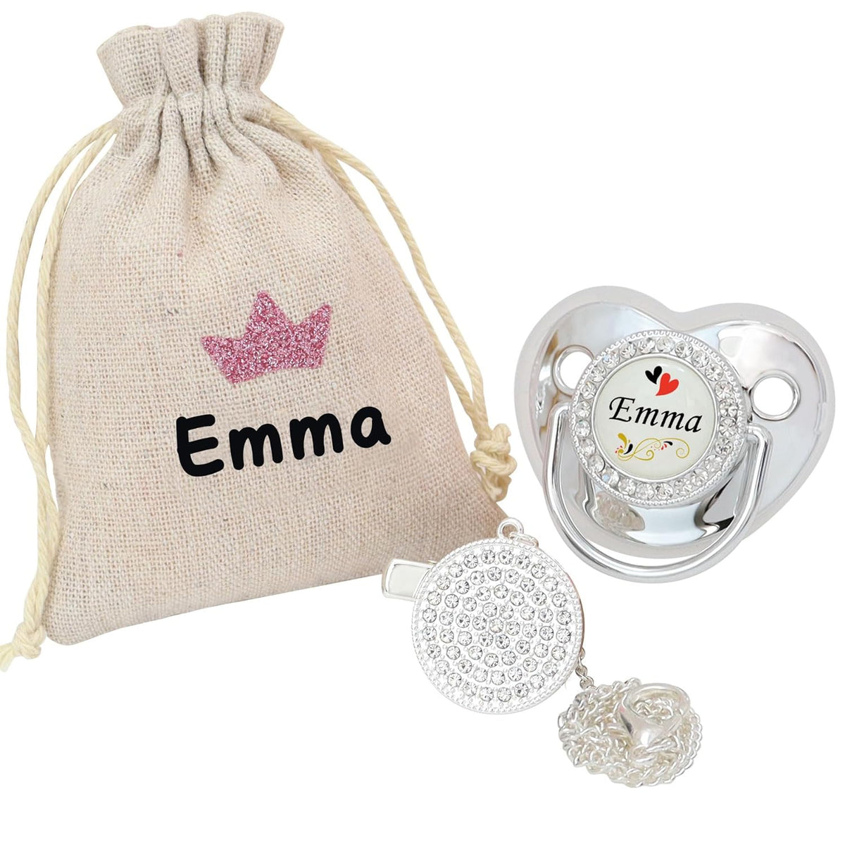 Personalized Pacifier And Gift Bag Set With Name,Custom Pacifier,Custom Name & Chain，Luxurious Ideal Gift For Newborns (Silvery)