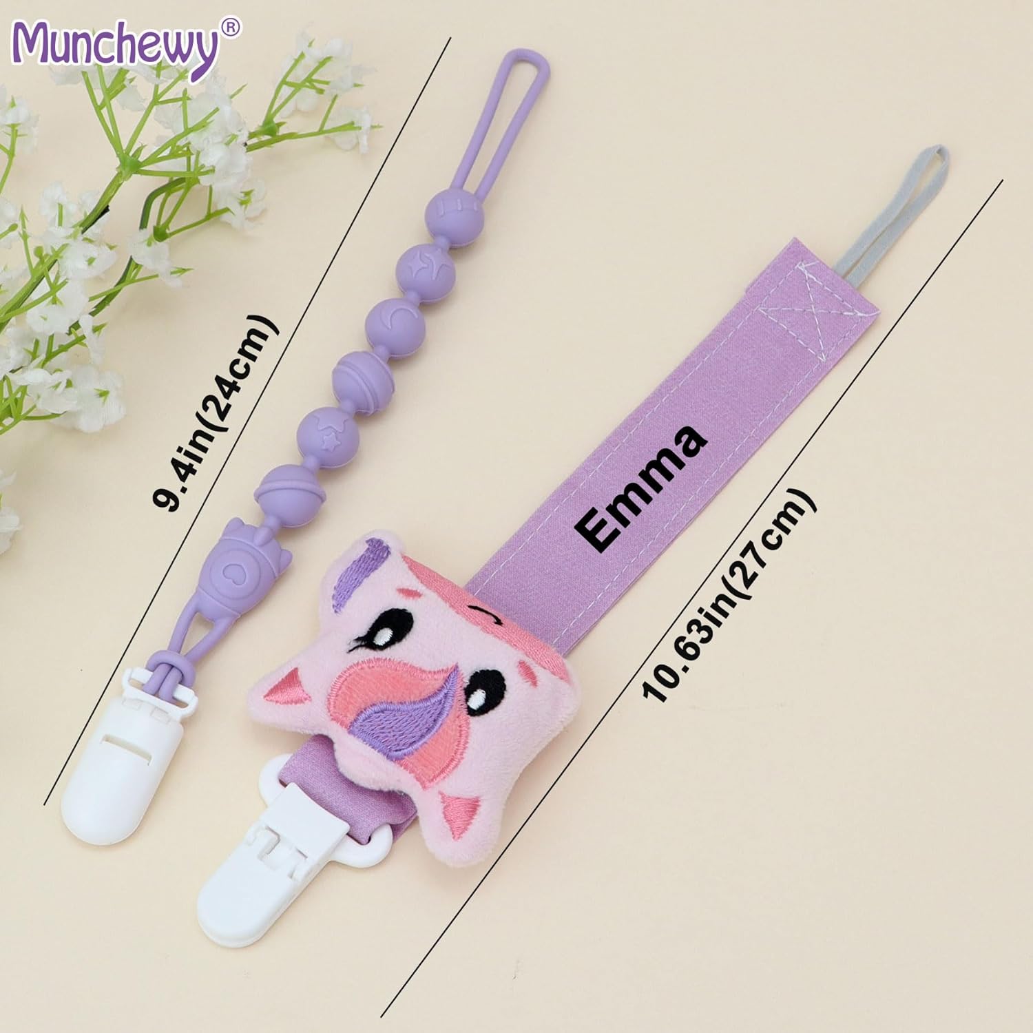 Munchewy Clip de chupete personalizado con nombre, clip de chupete personalizado, regalos de bebé personalizados para recién nacido, correa para chupete para bebé (gris dinosaurio) 