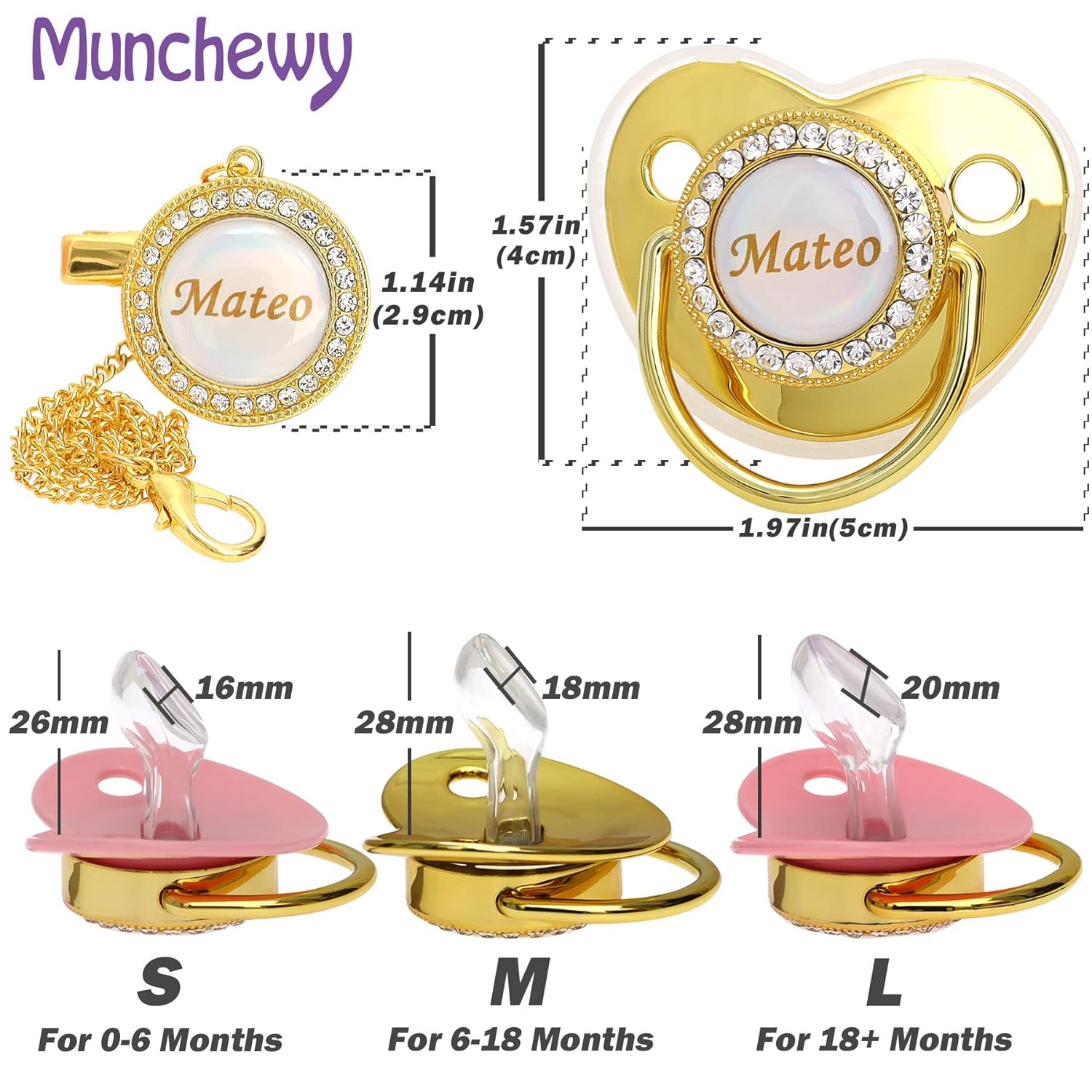 Personalized Pacifier and Pacifier Clip with Name, Bling Gold Pacifier Clip Set with Gift Box Greeting Card, Glitter Crystal Luxurious Dummy Ideal Gift for Girl Baby Shower Newborn Photography(Pink,L)