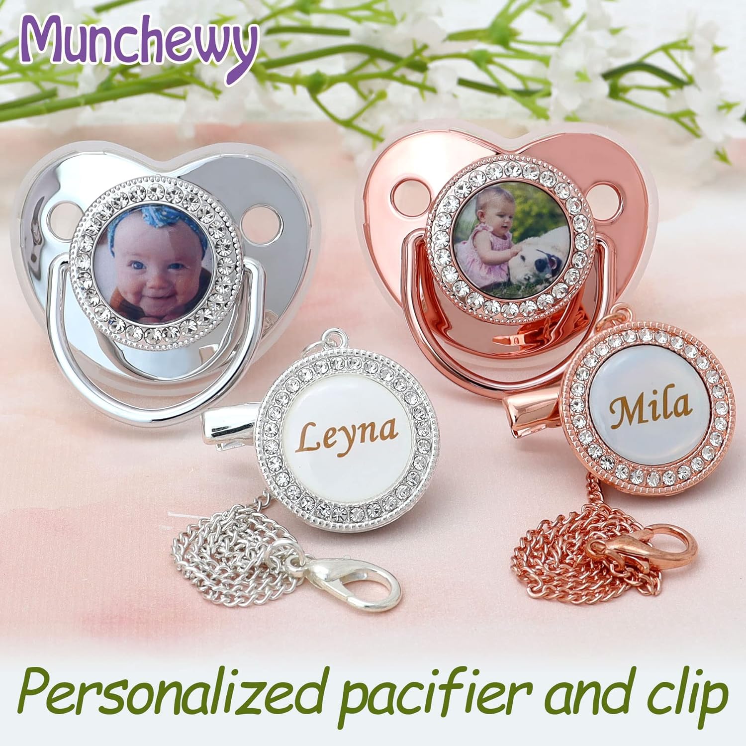 Chupete y clip para chupete personalizados con nombre y foto, juego de clips para chupete dorado brillante con caja de regalo, chupete de lujo con cristal brillante, regalo ideal para fotografía de recién nacido(Plata) 