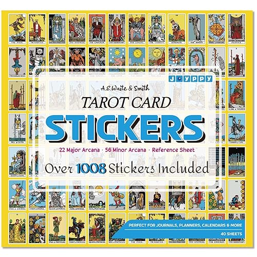 Joyppy Mini Tarot Stickers for Journaling - 1008 PCS Tarot Card Stickers Based on Rider Waite Tarot Deck - 1.25" x 0.78" - Clear Printing & Glossy Finish – 4 Tarot Cheat Sheets Included