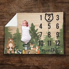 Woodland Baby Monthly Milestone Blanket w/Birth Stat, 30x40", Animal Forest Nursery Decor, Soft Minky Fabric, Baby Shower Gifts, Baby Blanket, Birthday Gift for Newborn, Hickory Hollow Designs