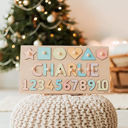 Namenspuzzle aus Holz mit Zahlen und Formen von BusyPuzzle, personalisiertes Baby-Puzzle, Mathe-Namenspuzzle, Montessori-Spielzeug, pädagogisches Stammspielzeug, einzigartiges Baby-Geschenk, 1. Geburtstag, Weihnachten, Ostern 