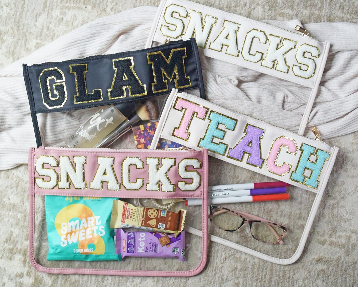 Clear Pouch with Patches, Varsity Letter Patches, Personalized Gift, Clear Bag, Makeup Bag, Snack Bag Pouch for Travel (Teach (ivory))