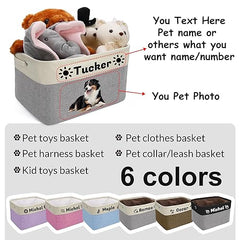 Zhamate Personalized Dog Toy Basket with Pet's Name, Custom Dog Toy Bin, Sturdy Foldable Collapsible Storage Box, Dog Toy Box with Handles for Dog Toys, Dog Clothing, Dog Apparel, Accessories (Gray)