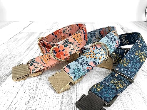 Personalized Handmade Dog Collars, Laser Engraved Metal Summer Wild Floral Wide Dog Collar, Quick Release Buckle, Spring, Whimsical