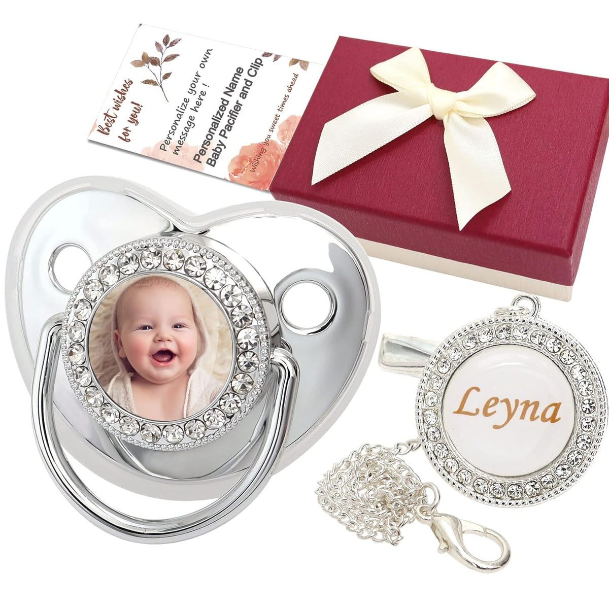 Chupete y clip para chupete personalizados con nombre y foto, juego de clips para chupete dorado brillante con caja de regalo, chupete de lujo con cristal brillante, regalo ideal para fotografía de recién nacido(Plata) 