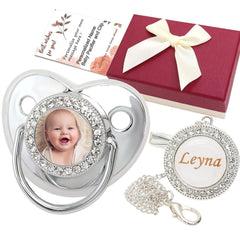 Personalisierter Schnuller und Schnullerclip mit Namen und Foto, Bling Gold Schnullerclip-Set mit Geschenkbox, glitzernder Kristall, luxuriöser Schnuller, ideales Geschenk für Mädchen, Babyparty, Neugeborene, Fotografie (Silber) 