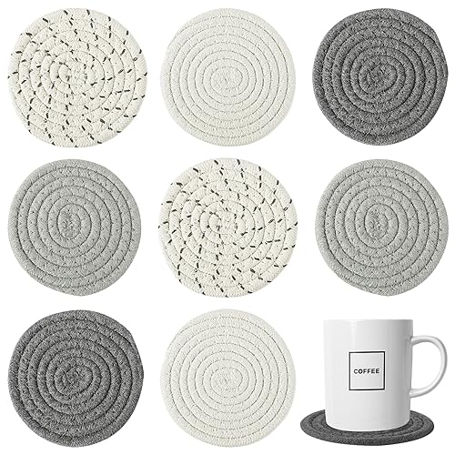 8 posavasos absorbentes para bebidas, 4 estilos hechos a mano, posavasos tejidos BOHO para mesa de café, posavasos de algodón modernos resistentes al calor para tipos de tazas, regalo de inauguración de la casa, decoración del hogar (4,3 pulgadas) 